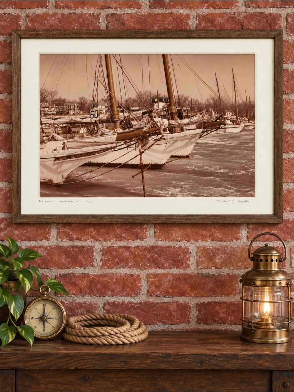 Michael Wooton's Framed Signed "Ice Bound Tilghman Island" Sepia Maritime Phot